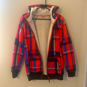 Roxy hooded Jacket, pink and blue plaid, size large